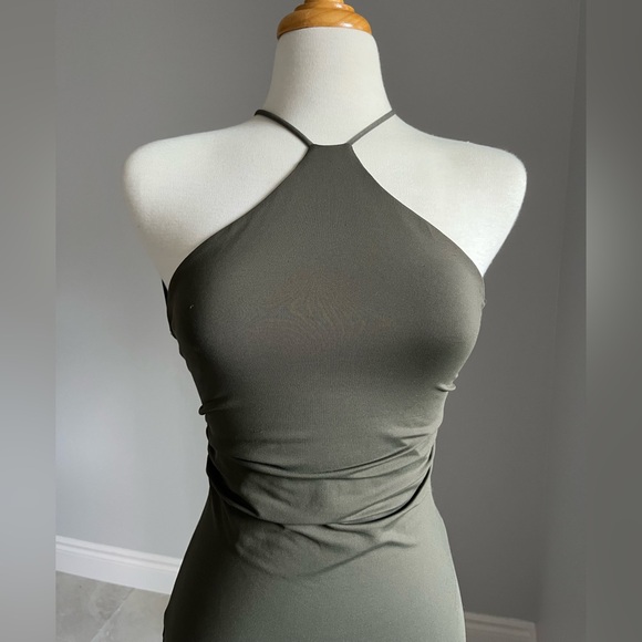 ZARA Open Back Halter Bodycon Midi Dress | Khaki Green - Picture 4 of 9